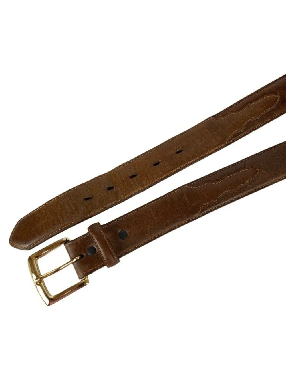 3D Western Belt Mens Size 36 Brown Genuine Leather Goldtone Buckle Cowboy Rodeo
